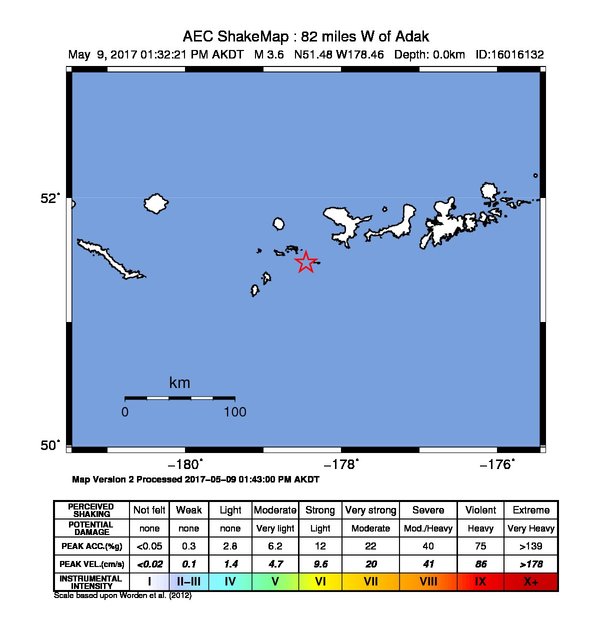 USGS ShakeMap: estimated shaking intensity around the epicenter