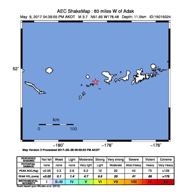 USGS ShakeMap: estimated shaking intensity around the epicenter