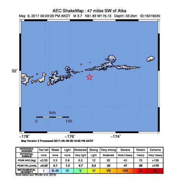 USGS ShakeMap: estimated shaking intensity around the epicenter
