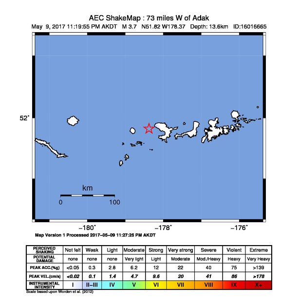 USGS ShakeMap: estimated shaking intensity around the epicenter