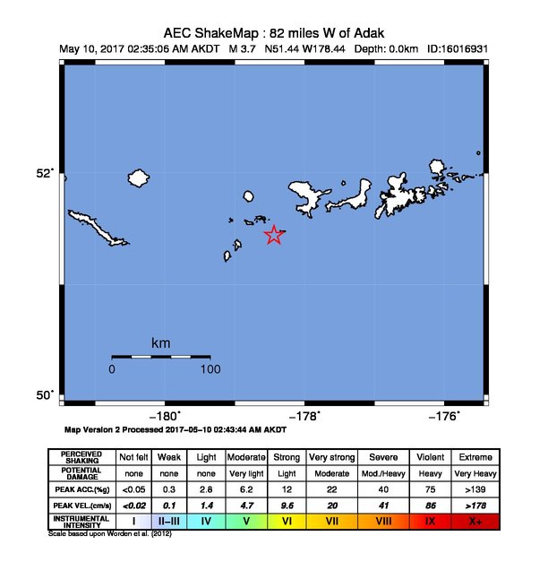 USGS ShakeMap: estimated shaking intensity around the epicenter