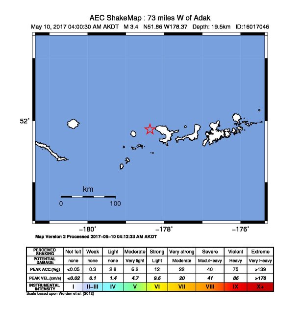 USGS ShakeMap: estimated shaking intensity around the epicenter