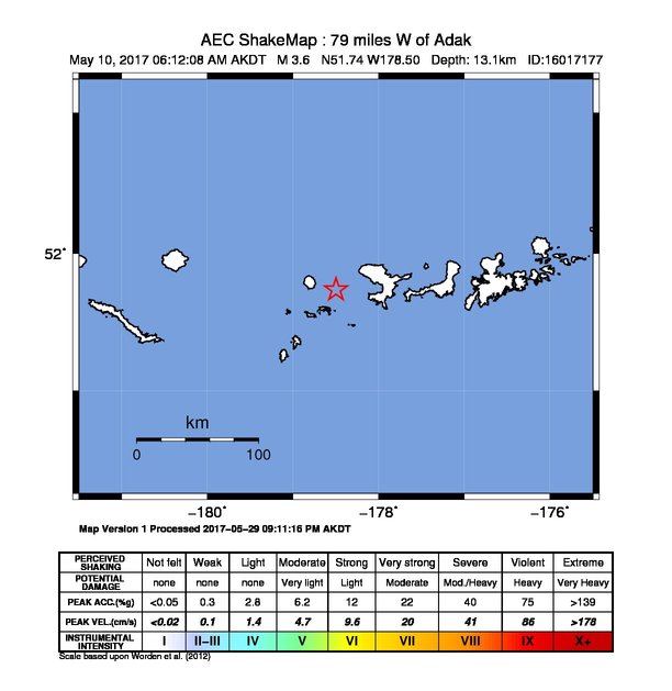 USGS ShakeMap: estimated shaking intensity around the epicenter