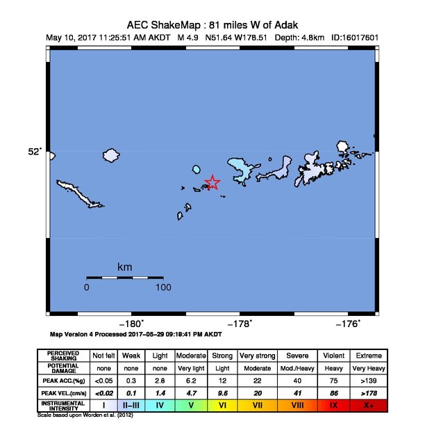 USGS ShakeMap: estimated shaking intensity around the epicenter