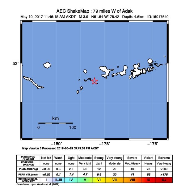 USGS ShakeMap: estimated shaking intensity around the epicenter
