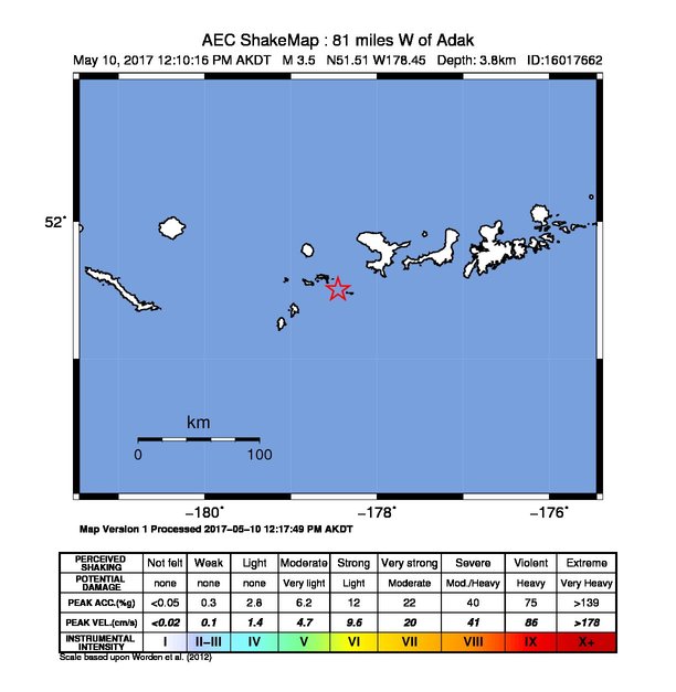 USGS ShakeMap: estimated shaking intensity around the epicenter