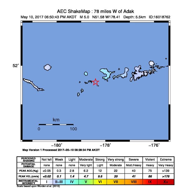 USGS ShakeMap: estimated shaking intensity around the epicenter