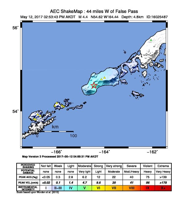 USGS ShakeMap: estimated shaking intensity around the epicenter