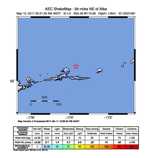 USGS ShakeMap: estimated shaking intensity around the epicenter