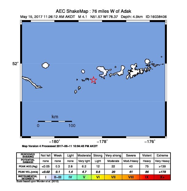 USGS ShakeMap: estimated shaking intensity around the epicenter