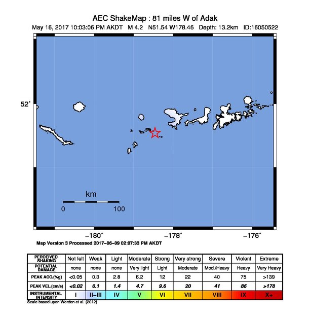 USGS ShakeMap: estimated shaking intensity around the epicenter