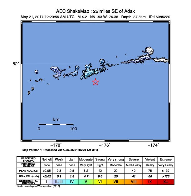 USGS ShakeMap: estimated shaking intensity around the epicenter
