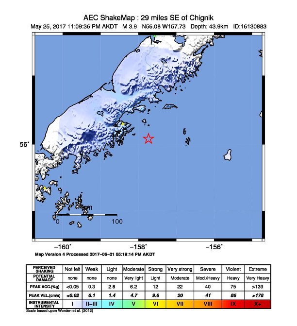 USGS ShakeMap: estimated shaking intensity around the epicenter