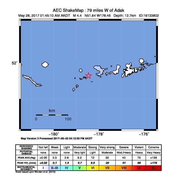 USGS ShakeMap: estimated shaking intensity around the epicenter