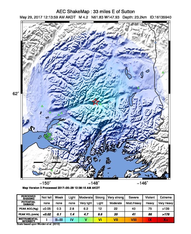 USGS ShakeMap: estimated shaking intensity around the epicenter