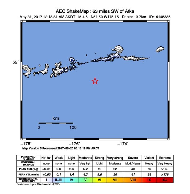 USGS ShakeMap: estimated shaking intensity around the epicenter