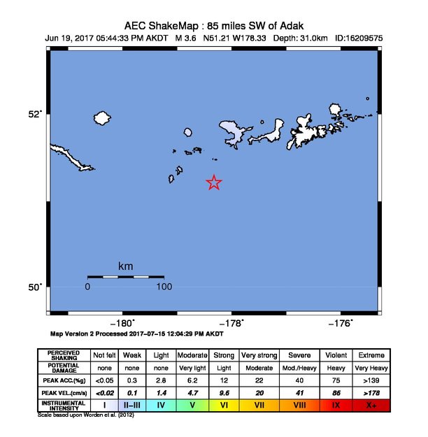 USGS ShakeMap: estimated shaking intensity around the epicenter