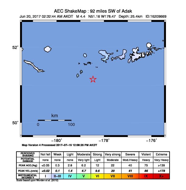 USGS ShakeMap: estimated shaking intensity around the epicenter