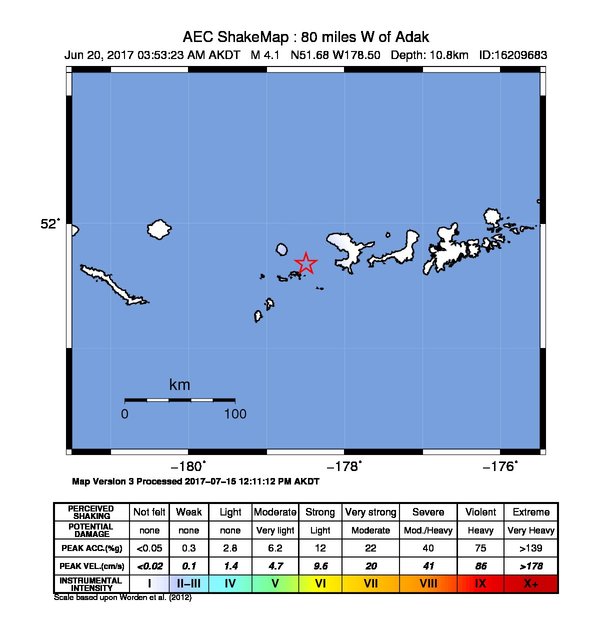USGS ShakeMap: estimated shaking intensity around the epicenter