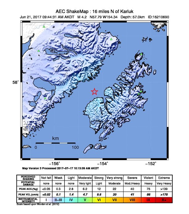 USGS ShakeMap: estimated shaking intensity around the epicenter