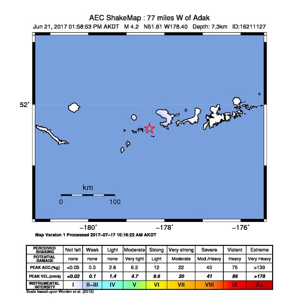 USGS ShakeMap: estimated shaking intensity around the epicenter