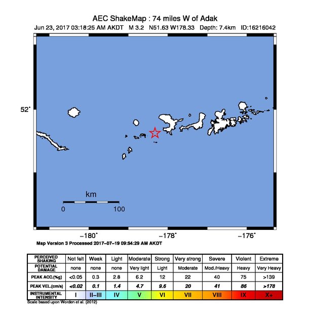 USGS ShakeMap: estimated shaking intensity around the epicenter