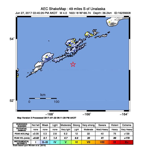 USGS ShakeMap: estimated shaking intensity around the epicenter