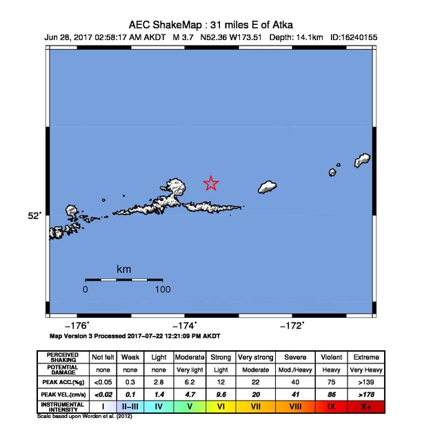 USGS ShakeMap: estimated shaking intensity around the epicenter