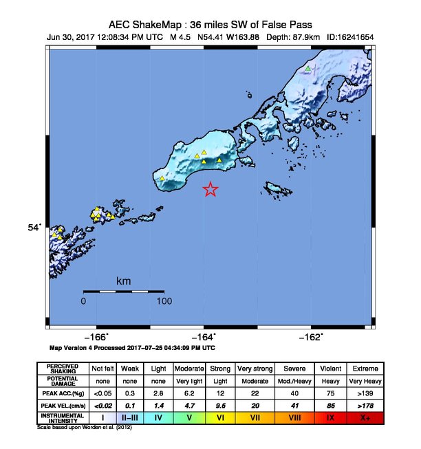 USGS ShakeMap: estimated shaking intensity around the epicenter