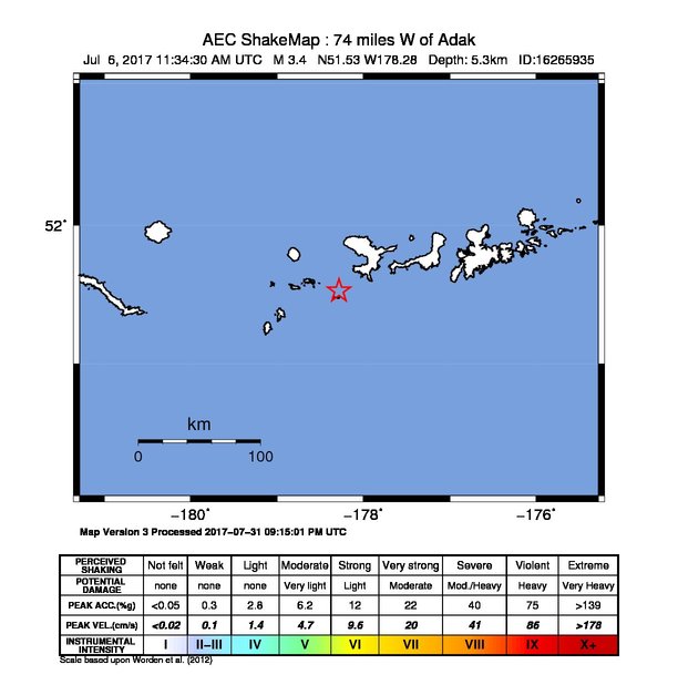 USGS ShakeMap: estimated shaking intensity around the epicenter