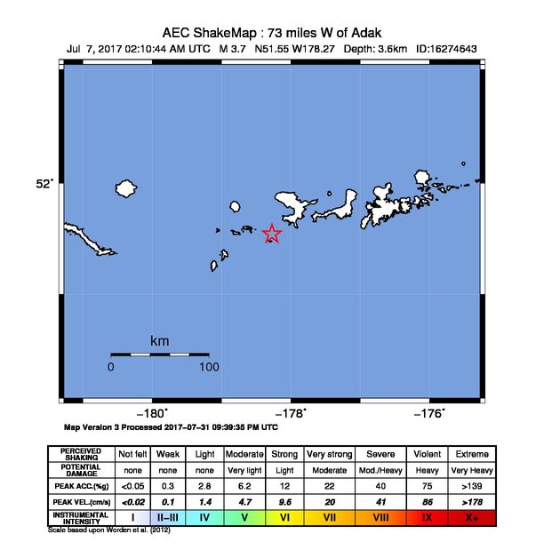 USGS ShakeMap: estimated shaking intensity around the epicenter
