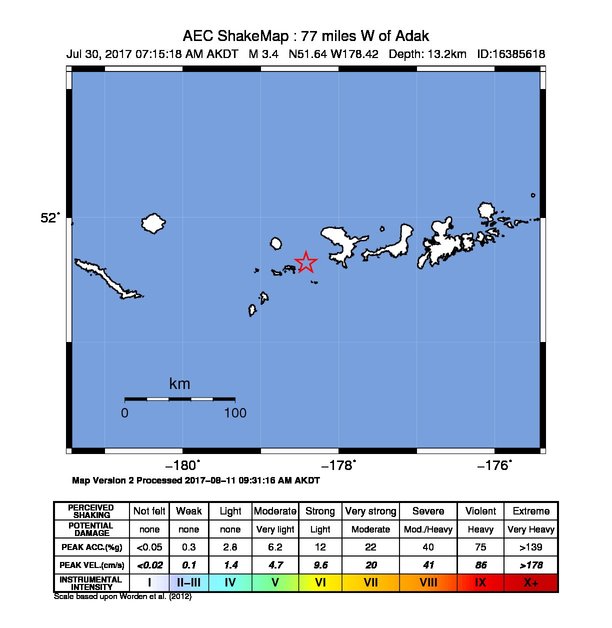 USGS ShakeMap: estimated shaking intensity around the epicenter