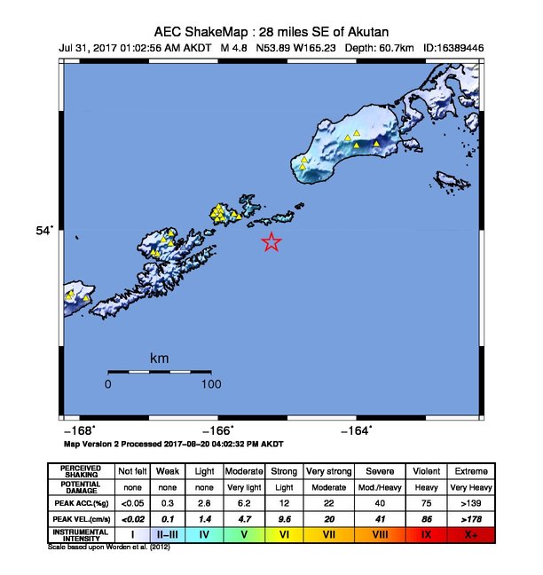 USGS ShakeMap: estimated shaking intensity around the epicenter