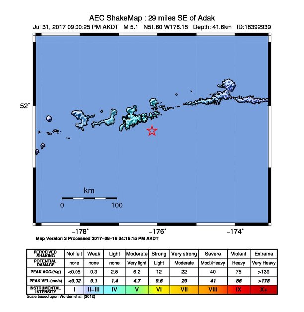 USGS ShakeMap: estimated shaking intensity around the epicenter