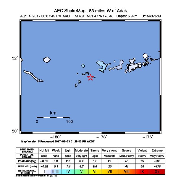 USGS ShakeMap: estimated shaking intensity around the epicenter