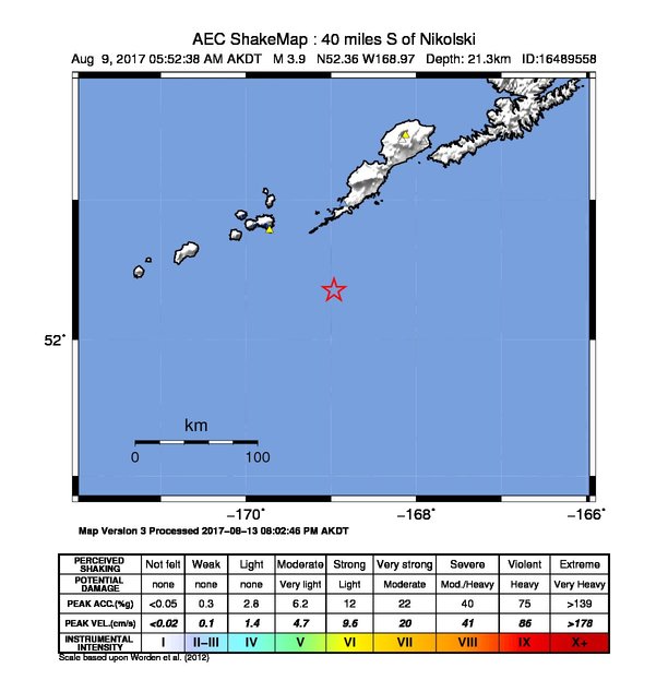 USGS ShakeMap: estimated shaking intensity around the epicenter