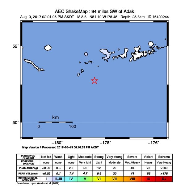 USGS ShakeMap: estimated shaking intensity around the epicenter