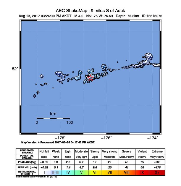 USGS ShakeMap: estimated shaking intensity around the epicenter