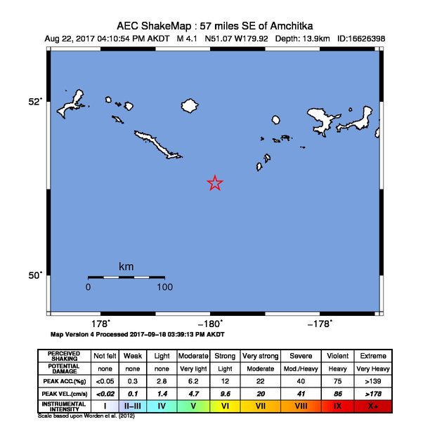 USGS ShakeMap: estimated shaking intensity around the epicenter