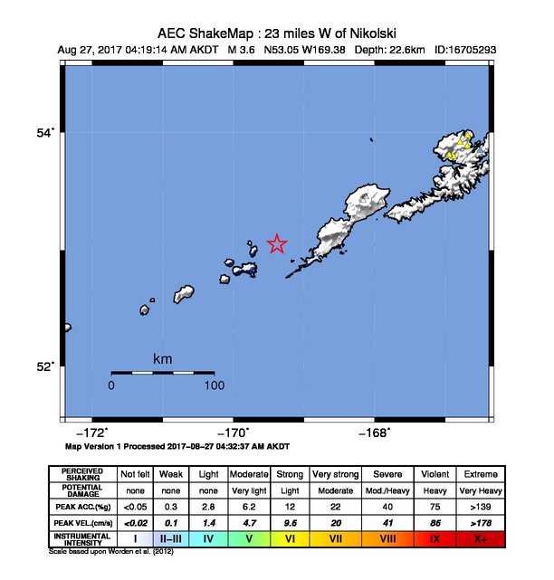 USGS ShakeMap: estimated shaking intensity around the epicenter