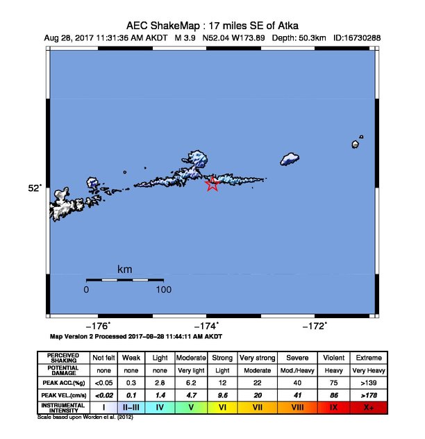 USGS ShakeMap: estimated shaking intensity around the epicenter