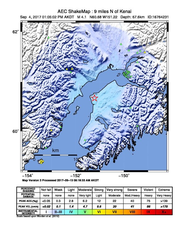 USGS ShakeMap: estimated shaking intensity around the epicenter