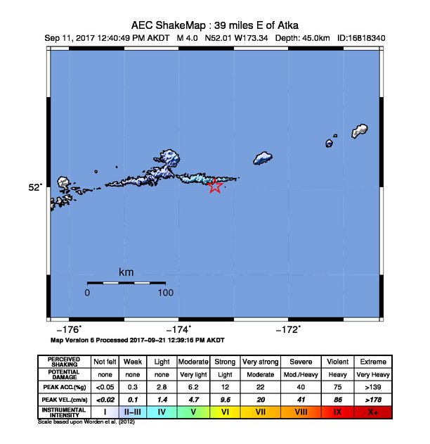 USGS ShakeMap: estimated shaking intensity around the epicenter