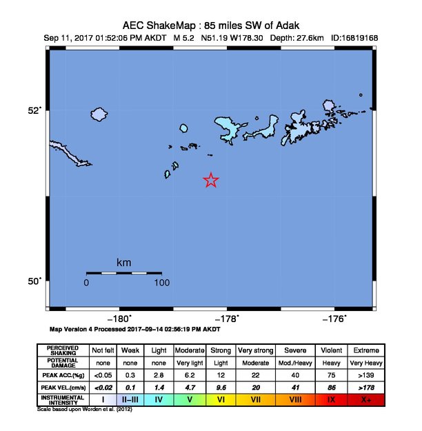 USGS ShakeMap: estimated shaking intensity around the epicenter