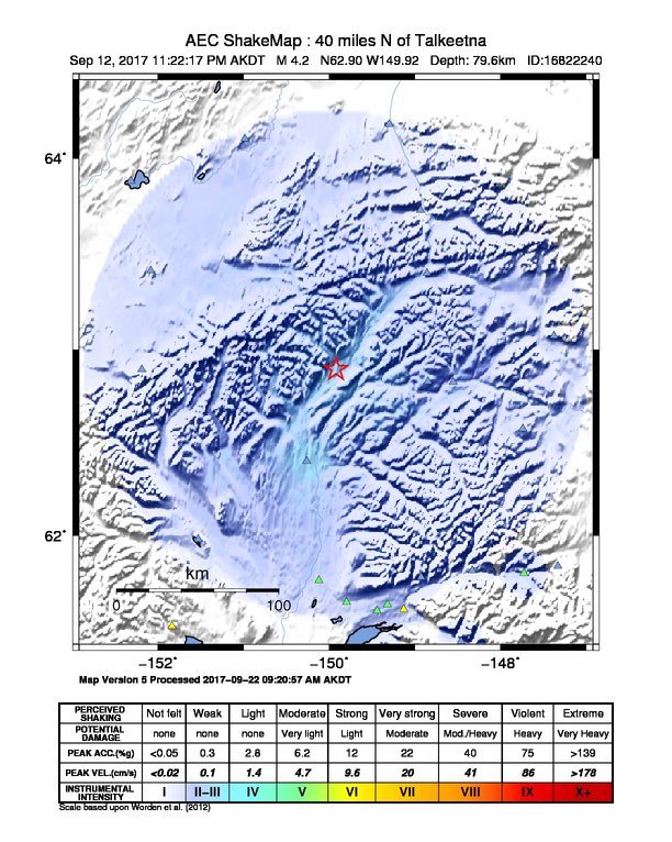 USGS ShakeMap: estimated shaking intensity around the epicenter