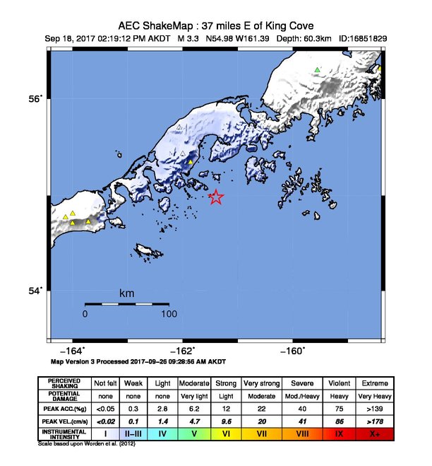 USGS ShakeMap: estimated shaking intensity around the epicenter