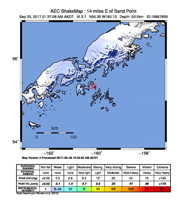 USGS ShakeMap: estimated shaking intensity around the epicenter