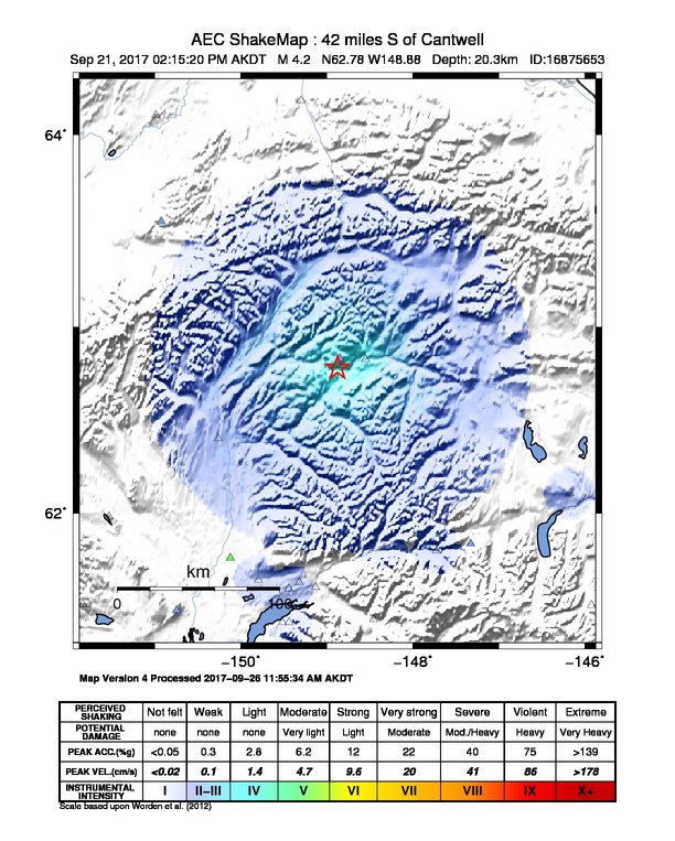 USGS ShakeMap: estimated shaking intensity around the epicenter