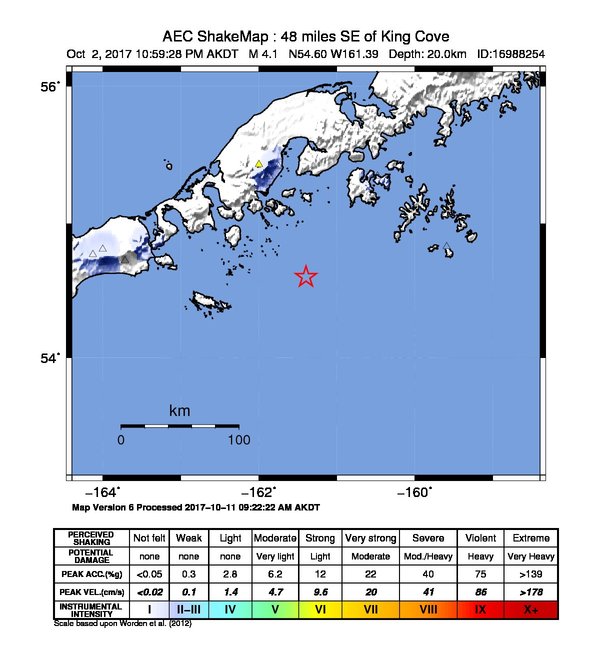 USGS ShakeMap: estimated shaking intensity around the epicenter