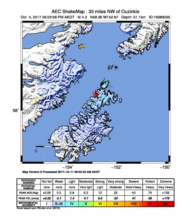 USGS ShakeMap: estimated shaking intensity around the epicenter